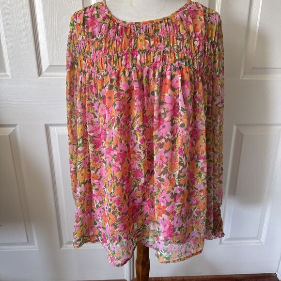 Terra Sky  Womens Peasant Top Plus 2X Pink Floral Shirred Cottagecore Lined Boho - Picture 2 of 16